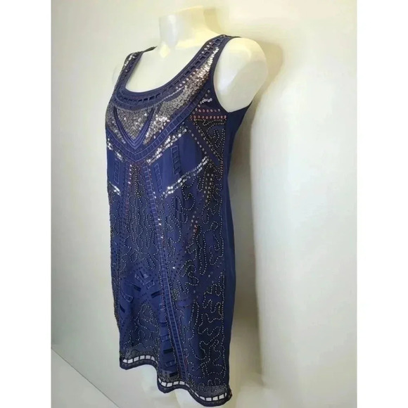 Alga Francescas Navy Blue Silver Bronze Sequin Beaded Art Deco Shift Dress Small - Picture 9 of 14